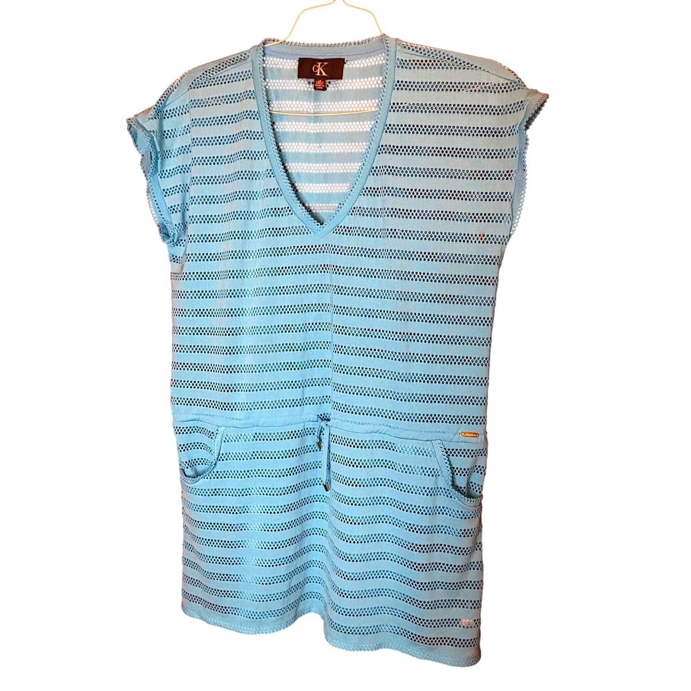 Calvin‎ Klein Teal Aqua Blue Mesh Stripe Beach Swim Cover Up Dress Size L
